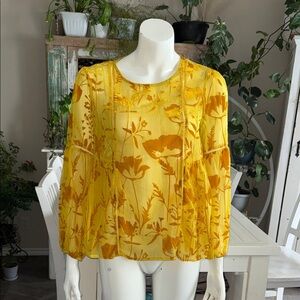 Floral mustard Yellow chiffon/velvet boho  long sleeve  Blouse Sz Lg
